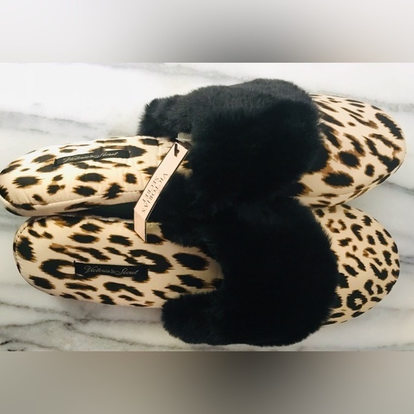 Victoria’s Secret Leopard Black Fur Trim Bedroom Slippers Slides Size L - Picture 7 of 7